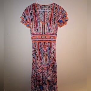 Jaase Colorful Women's Maxi Dress Flutter Sleeves & Faux Wrap Bottom Size Small